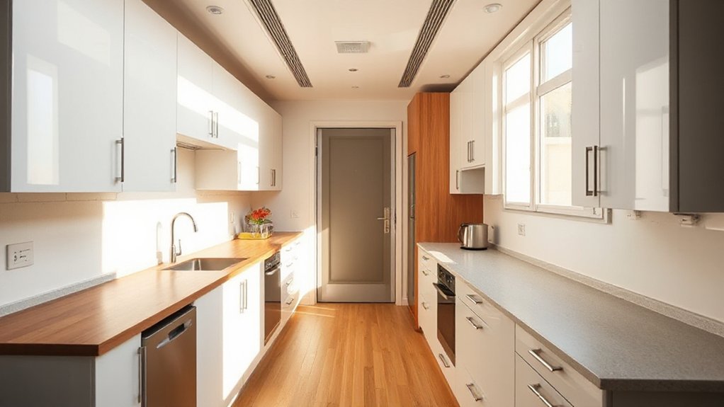 efficient narrow kitchen layouts