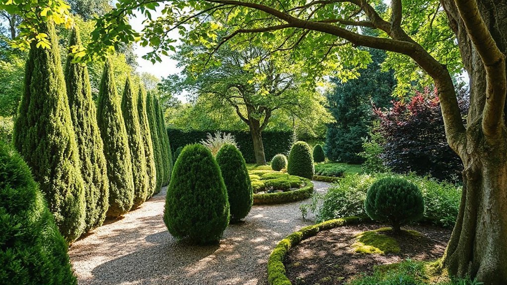 layered evergreen pruned landscaping
